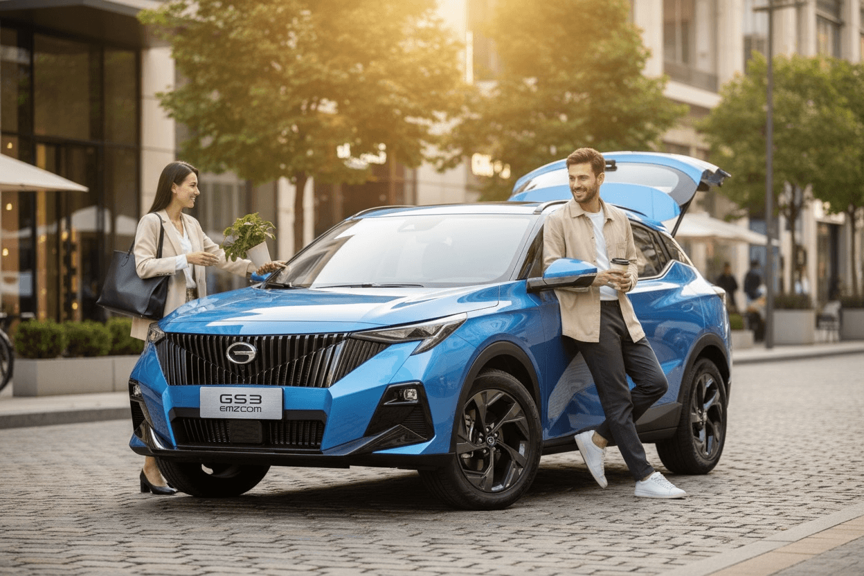 A couple with a blue SUV on a cobblestone street; the woman hands a potted plant to the man by the car's front edge.